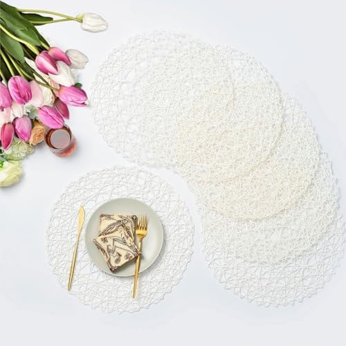 IcosaMro Round Woven Placemats Set of 12 for Dining Table, 15 Inches Paper Boho Decorative Circle Place Mats for Wedding Christmas Thanksgiving Day Holiday Dinner (White) by IcosaMro