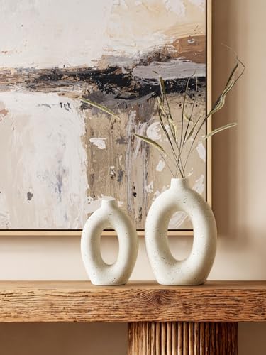 LE TAUCI Ceramic Vases Set of 2, Cream Hollow Donut Flower Vases, Nordic Boho Decor Decorative Centerpiece for Living Room, Table, Shelf, Mantel, Warm Ivory Speckled (H10.5”xW8.5”) - Image 3