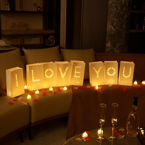 I Love You Light Up Letters Signs, Romantic Proposal Anniversary Valentines' Day Decorations with Luminary Paper Bags, 30 LED Tea Light Candles, Red Heart Balloons, Artificial Rose Petals - Image 3