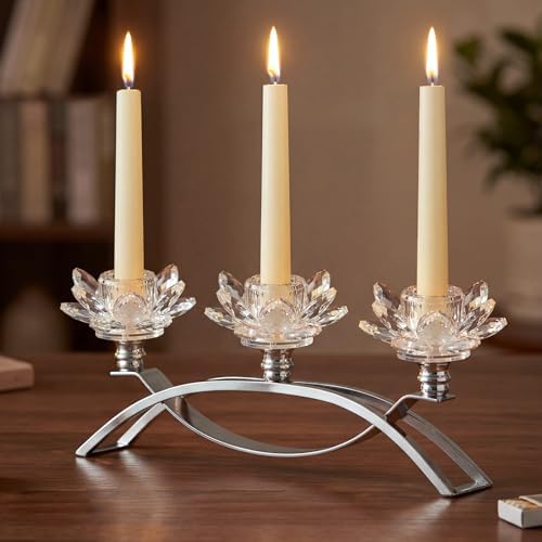 Crystal Lotus Taper Candle Holders, 3 Arms Metal Crystal Candlesticks, Decorative Flower-Shaped Candle Holders for Dining Table Centerpiece, Wedding, Home & Holiday Decor (Clear, 3 Arm) by KOLNLALA