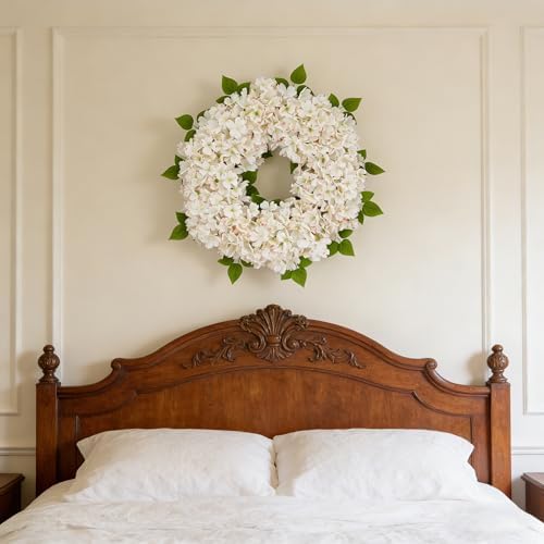 White Hydrangea Summer Wreath for Front Door with Artificial Hydrangea and Silk Greenery, 22''Outdoor Dogwood Wreath for Farmhouse Wedding & Home Decor- Spring Summer & All Seasons Display - Image 7