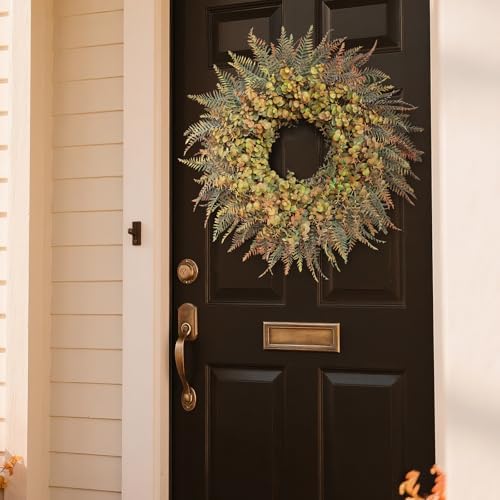 26" Artificial Fall Eucalyptus & Ferns Wreath for Front Door (Green Orange) - Image 3