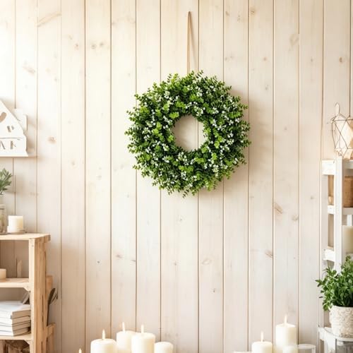 26" Eucalyptus Wreath for Front Door, Large Artificial Eucalyptus with Baby's Breath Greenery Flowers Wreath for Home, Porch, Farmhouse Wall Decor, Spring, Summer, Fall, All Seasons - Image 3