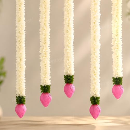 Divyakosh Garlands for Home Decoration, Lotus Hangings (Pack of 5 Latkan, Size 14 Inch Each) | Offwhite Fabric & Solawood Lotus Buds | Flower Garlands for Home Decoration | by Divyakosh