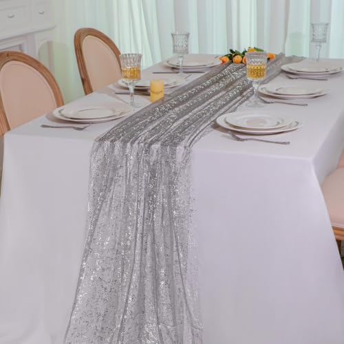 Snowkingdom 6Pcs 10Ft Grey Silver Gauze Sheer Table Runner - Image 5
