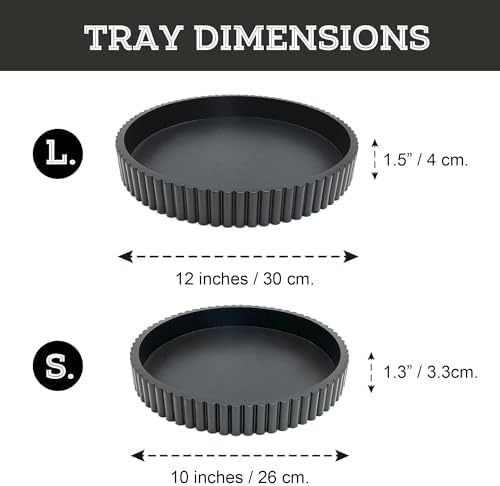 Modern Table Round Decorative Trays 2pcs Home Decor - Circle Coffee Table Centerpiece Set 12"/10" - Wooden Black Ottoman Tray with Fluted Edge - Image 2