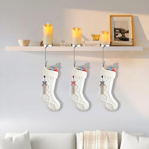 Minetom Christmas Stocking Holders for Mantle LED Set of 3, Flickering Flameless Votive Candles Stocking Hangers for Fireplace, Candle Stocking Hook for Counter Mantle Decoration - Image 6