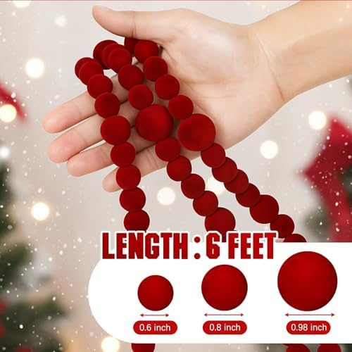 Canlierr 6 Feet Christmas Velvet Bead Garland Flocking Christmas Tree Ornaments Plush Spacer Ornament Xmas Garland Hanging Beads for Xmas Decoration Supplies(Burgundy) - Image 2