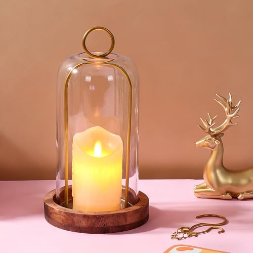 12" High Versatile Vintage Brass Metal Candle Holder with Handmade Sturdy Glass Dome and Natural Wooden Base for Pillar Candle & Plants, Industrial, Farmhouse, Shabby Chic, Display Cloche Bell Jars - Image 3