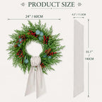 24 Inch Christmas Wreath for Front Door with Decorative Wreath Sash, Faux Norfolk Pine Wreath with Red Berries Pinecones and Eucalyptus Leaves, Farmhouse Holiday Decor - Image 3