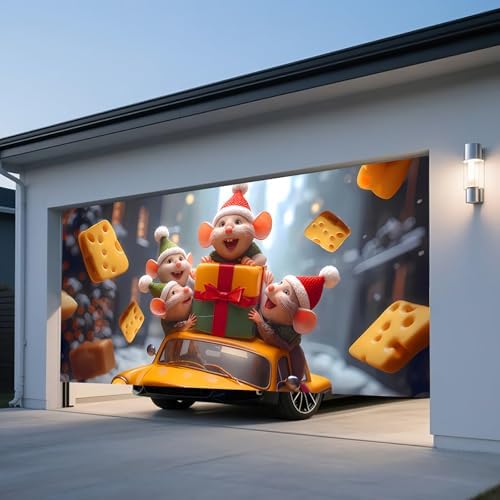 Christmas Garage Door Banner – Winter Scene with Cute Little Mouse, Cheese, Cars & Snow Decorations, Large Waterproof Reusable Outdoor Holiday Mural for Xmas Decorations,C,16 x 7ft/4.8 x 2.1m - Image 6