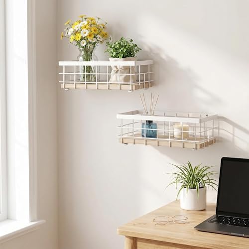 TJ.MOREE Small Metal Wire Basket, Decorative Wood Base Organizer for Bathroom, Kitchen, Basket for Toilet Paper Storage, Sugar Packet, Coffee Syrup, Guest Towel Napkin, White 2-Pack - Image 6