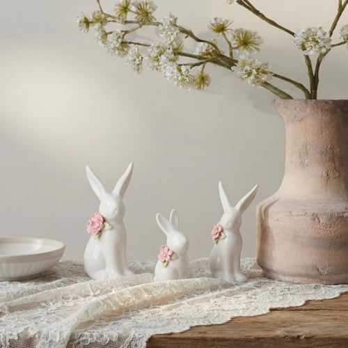 FoldTier 3 Pcs Easter Ceramic Bunny Tabletop Figurine Decor Rabbit with Flower Sculpture Table Centerpiece Decoration Tabletop Decorative for Spring Easter Home Indoor Decor Holiday Party Supplies - Image 6