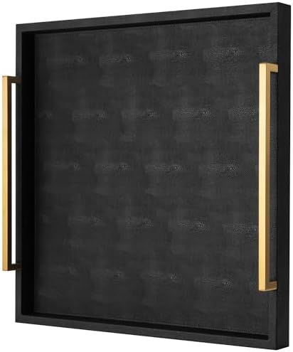 Extra Black Large Serving Tray with Handles for Ottoman,Versatile Shagreen Leather Square Ottoman Tray for Living Room by XIGEXIGE