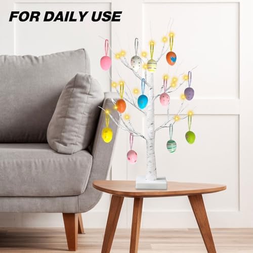 2 Pack Easter Decorations 24 Inch Artificial Lighted Easters Egg Tree, Pre-lit White Birch Tree with 12 Hanging Egg Ornaments for Party Birthday Home Spring Decoration - Image 4