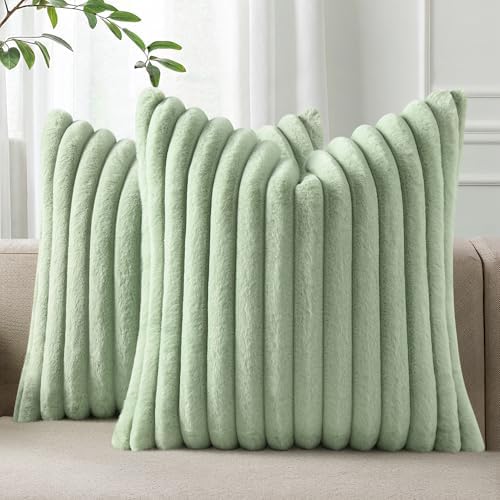 Pallene Faux Fur Decorative Throw Pillow Covers 24x24 Set of 2, Sage Green by PALLENE