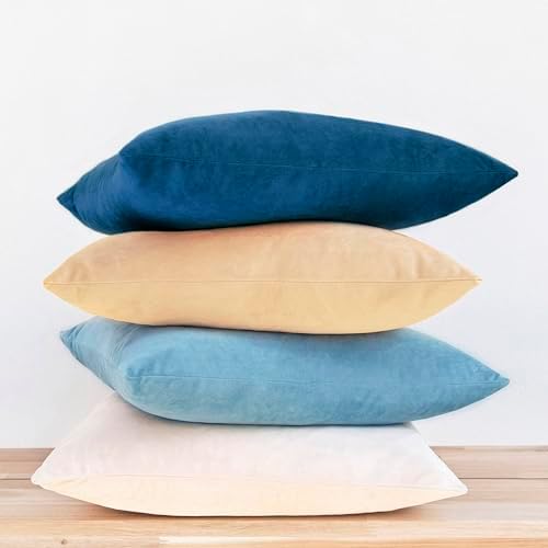 MONDAY MOOSE Decorative Throw Pillow Covers Cushion Cases, Set of 4 Soft Velvet Modern Designs, Mix and Match for Home Decor, Pillow Inserts Not Included (20x20 inch, Blue/Beige) by MondayMoose