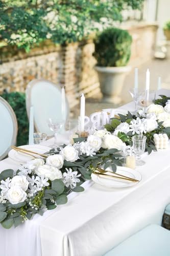 2 Pack Artificial Peony Flower Garland - 6ft Silk Peony Eucalyptus Garland Flower Vine Blue and White Peony Silk Roses Flowers for Wedding Arch Party Table Decor (White) - Image 3