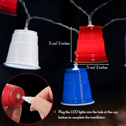 Hiboom 1 Pack 13 ft Red White Blue Shot Cup String Lights for 4th of July - Image 4