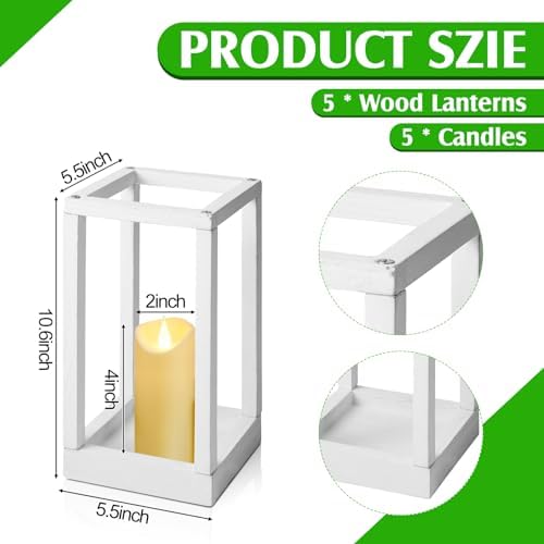 Sabary 5 Sets/ 10 Pcs Wooden Lantern Centerpieces with Candles, White - Image 2