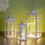 TRIROCKS Metal Candle Lantern Set of 3 - Assorted Sizes (12/15/19 Inch) - Tall Metal Hanging Lanterns with Tempered Panels Indoor & Outdoor Home Decor for Christmas Parties & Events - White Finish - Image 4