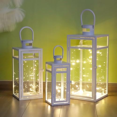 TRIROCKS Metal Candle Lantern Set of 3 - Assorted Sizes (12/15/19 Inch) - Tall Metal Hanging Lanterns with Tempered Panels Indoor & Outdoor Home Decor for Christmas Parties & Events - White Finish - Image 4