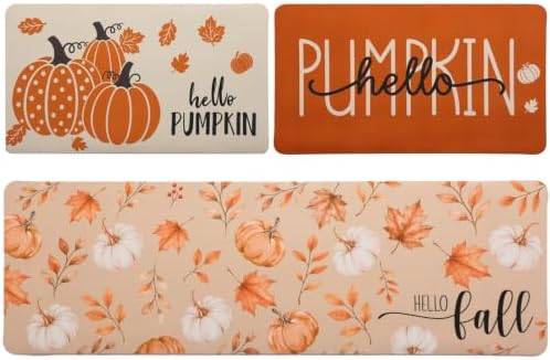 3Pcs Hello Fall Pumpkin Non‑Slip Doormat Maple Leaf Seasonal Kitchen Mats | Diatomaceous Earth Harvest Floor Rugs, 16x28 16x47 Inch for Front Door Entryway Indoor Patio, Farmhouse Home Decor by Rokochoes