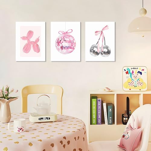Framed Pink Disco Ball Wall Art Set of 3, Cute Cherry with Bows and Balloon Dog Posters Print, Trendy Pink Aesthetic Party Wall Decor for Teen Girls Bedroom Dorm Apartment 16x24 inch - Image 2