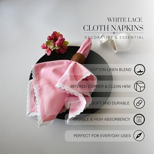 FINGERCRAFT Lace Cloth Napkins, Cotton Linen 12 Pack, 20x20 in, Pastel Rose - Image 4