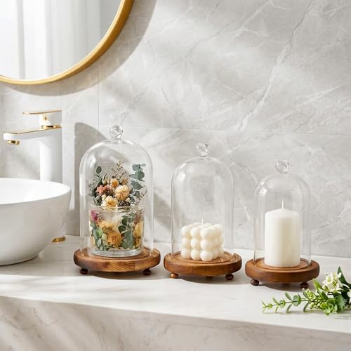 Pumtus 3 Sizes Cloche Glass Dome, Tall Glass Bell Display Case with Wooden Base & Handle, Dustproof Clear Decorative Jar for Plants, Medal, Photo, Home Party Wedding Decor Gift (4.7''/3.9''/3.5'') - Image 5