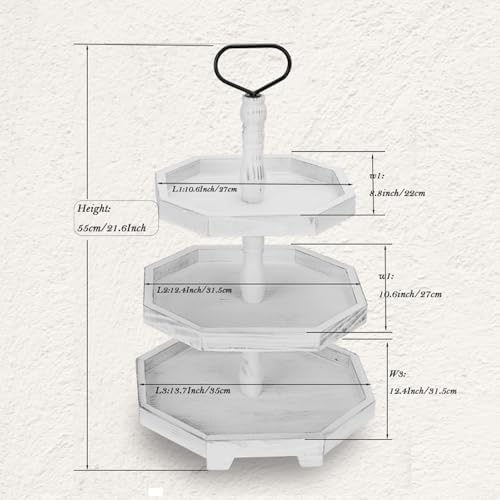 3 Tiered Tray Stand White Tier Serving Tray, Three Decorative Trays, Wooden Cupcake Stand 3 Tiered Farmhouse Tray for Home Decor(L 13.8” W 12.5” H 21.8”) - Image 2