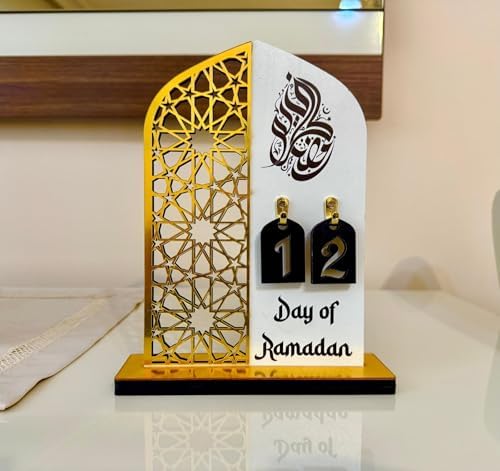 2 Pieces Wood Ramadan Decorations Islamic Eid Mubarak Kareem Table Sign Moon Hollow Star Ornament for Muslim Party Tabletop Decor Home Art Craft Decoration Golden Moon (Silver, Small - 6"W x 9"H) - Image 2
