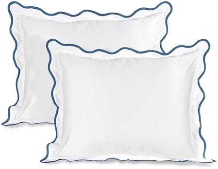 Ridhi White with Blue Scalloped 100% Cotton Throw Pillow Covers 20x26 Inch by Ridhi