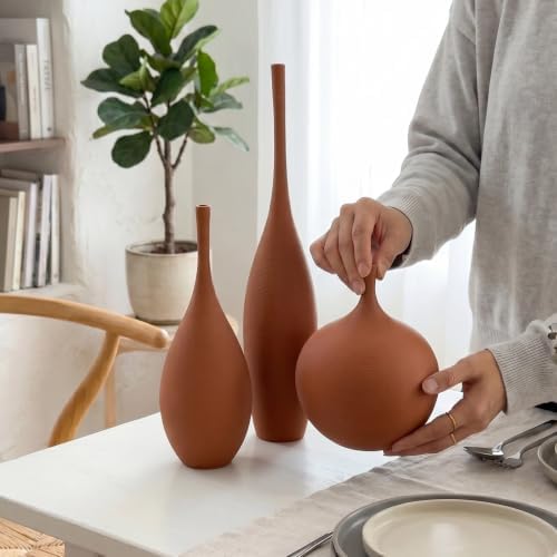 Ceramic Vases Set of 3, Modern Boho Vases for Centerpiece Decor, Matte Terracotta Brown Minimalist Decorative Vases for Home Decor, Living Room, Bookshelf, and Entryway Table Decor - Image 5