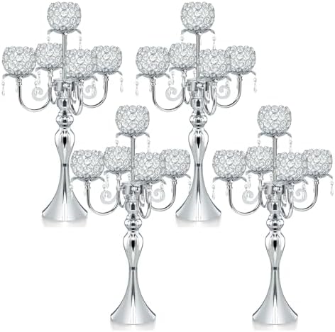 Set of 4 Candlesticks 5 Arm Crystal Strap Pendant Silver Table Decor Candelabra, 22.5 inches Elegant Dining Room Centerpieces for Holiday Parties Weddings (4, Silver) by kehail