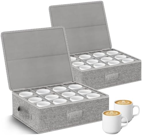 Coffee Mug Storage Box w/ Dividers, 2-Pack Stackable China Storage Containers w/ Hard Shell Top Sides Bottom, Coffee Mug Organizer w/ Lid, Handles & Lable Moving Supplies, Hold 24 Coffee Mugs,Tea Cups by Unknown