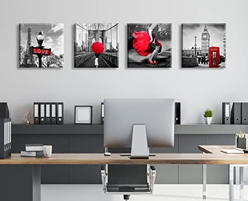 JiazuGo Red Paris Decor for Bedroom Black and White Wall Art for Living Room Eiffel Tower Decor Red City Buildings Canvas Pictures Brooklyn Bridge London Big Ben Modern Art Valentine'S Day - Image 2