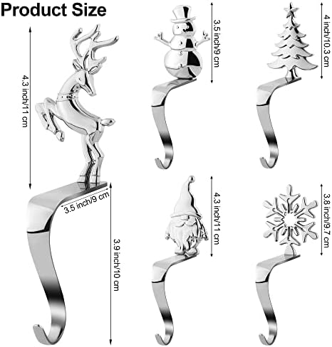 URATOT Christmas Stocking Holders Non-Slip Metal Stocking Hooks Mantel Stocking Holders Hanger in 5 Designs for Christmas Decoration, Silver, Set of 5 - Image 2