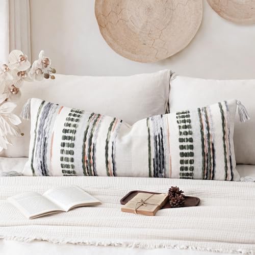 NUYECY Chenille and Cotton Long Pillow for Bed, Striped Textured Boho Lumbar Throw Pillow Cover 14x36, Neutral Accent Decorative Extra Long Body Pillow Case for Couch, Sofa, Bedroom, Sage Green - Image 4
