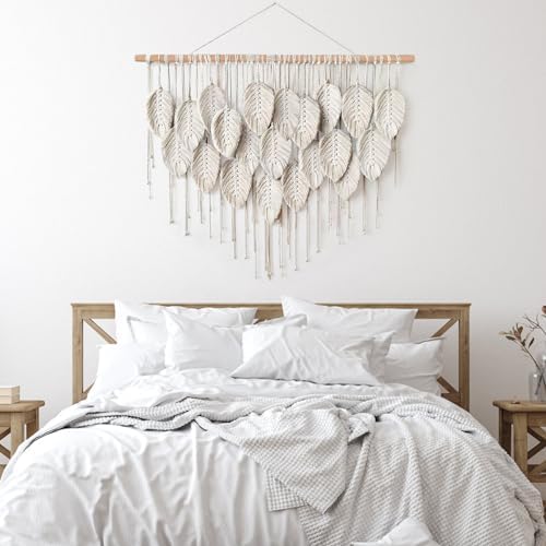 Macrame Wall Hanging Boho Beige Handmade Leaf Tapestry Wall Art Home Decor - Image 4