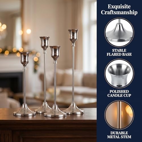 Silver Taper Candle Holders 4 Sets(12 Pcs) - Tall Metal Candlestick Holders for Table Centerpiece, Formal Dinner, Wedding, Fireplace Mantel Decor, Fits 3/4 Inch Thick Candles - Image 3