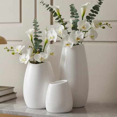 hjn Ceramic Vase Set of 3 White Flower Vase for Home Decor, Modern Decorative Vases for Flowers/Ideal Shelf Decor/Table/Living Room/Kitchen/Office-White - Image 5