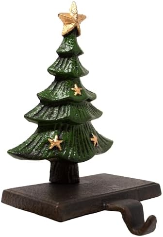 Chalily 3-D Christmas Tree Stocking Holder Cast Iron Hooks for Christmas Socks Hand Painted Green & Gold Easily Rest on a Mantel, Fireplace, or Book Shelf Heavy Duty & Durable Holiday Season Decor - Image 2