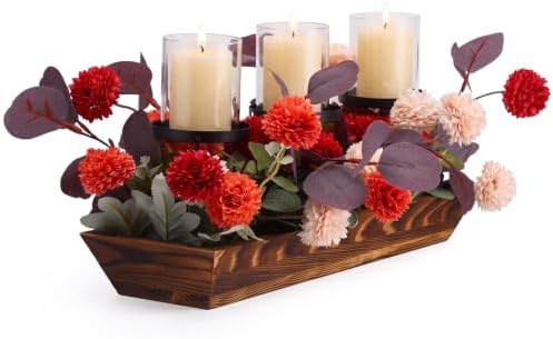 Fall Table Centerpiece Fall Thanksgiving Candle Holder with 3 Candle Holders and 3 Glass Cups, Artificial Chrysanthemum and Eucalyptus Leaves Harvest Table Centerpiece by Suttmin
