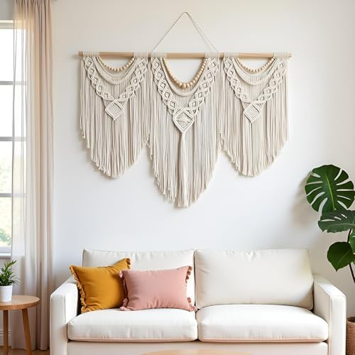 guzhiou large macrame wall hanging - Boho Tapestry Macrame Wall Decor Art- Chic Bohemian Handmade Woven Tapestry Home Decoration for Bedroom Living Room Apartment Wedding Party - 43"x32" (Wood bead) - Image 4