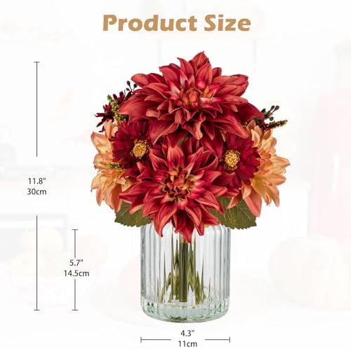 Briful Fake Fall Flowers with Vase, Artificial Fall Dahlia & Mum Silk Floral Arrangement with Glass Vase Faux Autumn Flowers Bouquet for Home Office Room Coffee Table Centerpiece Wedding Decoration - Image 2
