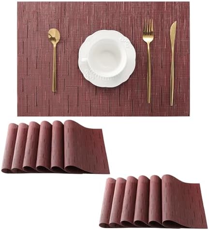 Leetaltree Burgundy Placemats Set of 12 - Heat Resistant Non-Slip Place mats for Dining Table, Washable Durable PVC Vinyl Woven Table Mats（Burgundy, 12） by Leetaltree-ArtatEveryTable
