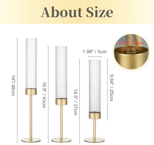 Hewory Gold Hurricane Candle Holders: 12 PCS Brass Tall Candlestick Taper Candle Holders Bulk for Candlesticks Candle Sticks Holder Decor for Table Centerpiece Wedding Party Christmas Decorations - Image 2