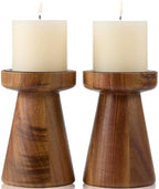 Set of 2 Rustic Acacia Wood Candle Holders for Pillar Candles by THORNIA