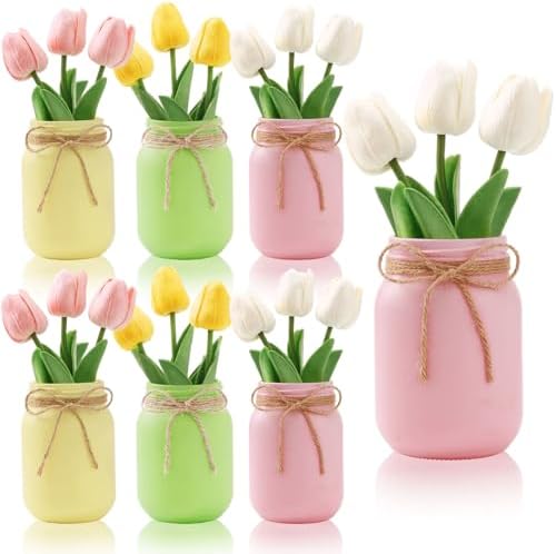 Lyrow 6 Pack Summer Centerpieces for Tables Mason Jar Flower Arrangements Artificial Tulips Farmhouse Table Decor for Home Kitchen Bedroom Outdoor Party Wedding Tiered Tray Decorations by Lyrow